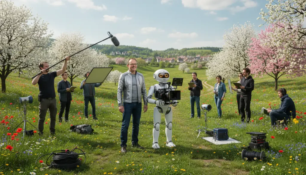 Sven mit Serviceroboter auf einer grünen Wiese beim Dreh