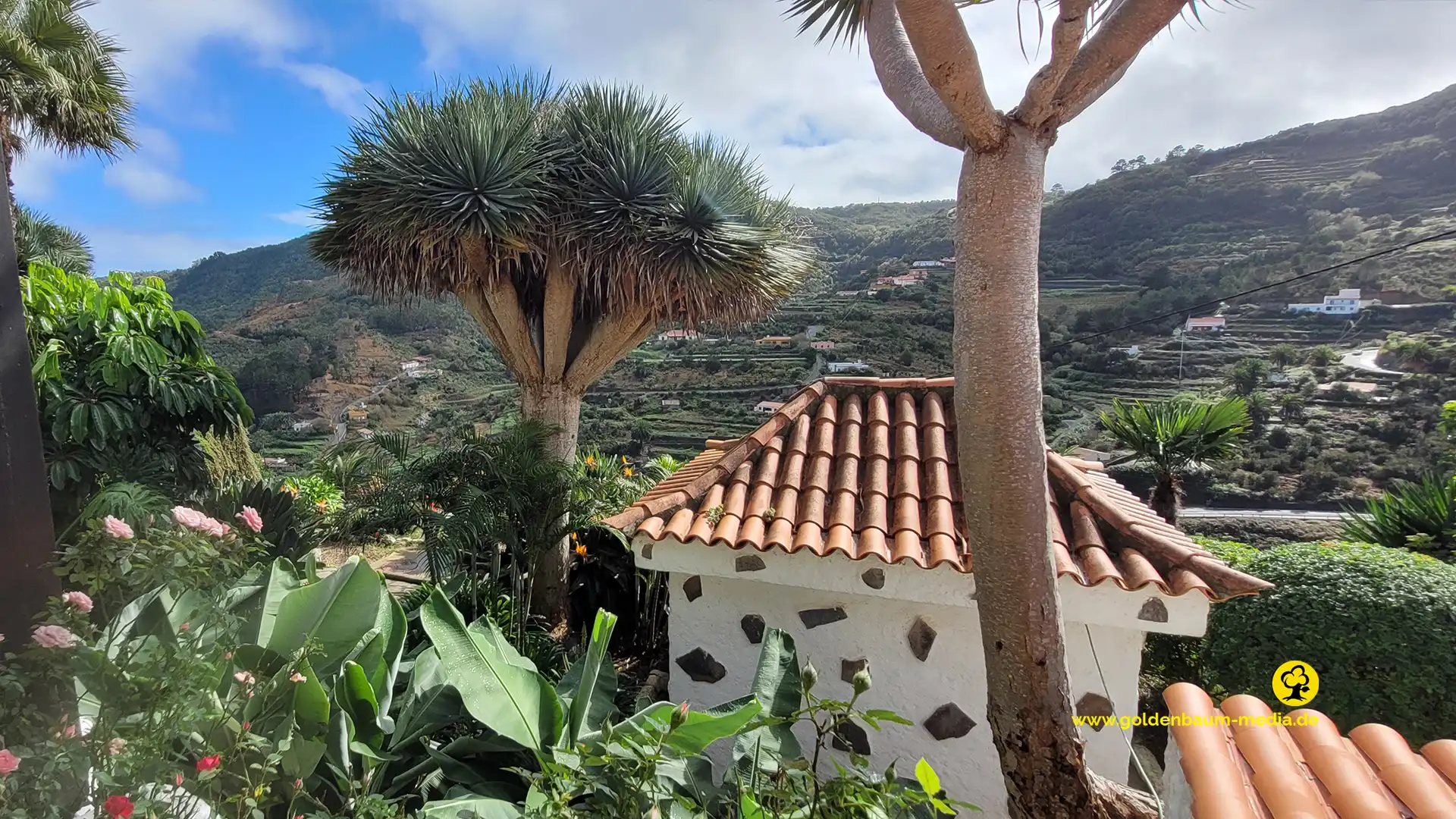 Blick von einem Restaurant auf La Gomera auf ein Bergpanorama
