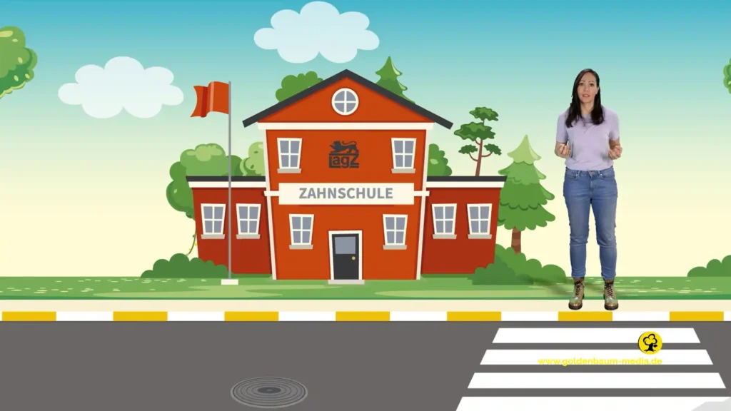 GreenScreen. Moderatorin vor Schulgebäude
