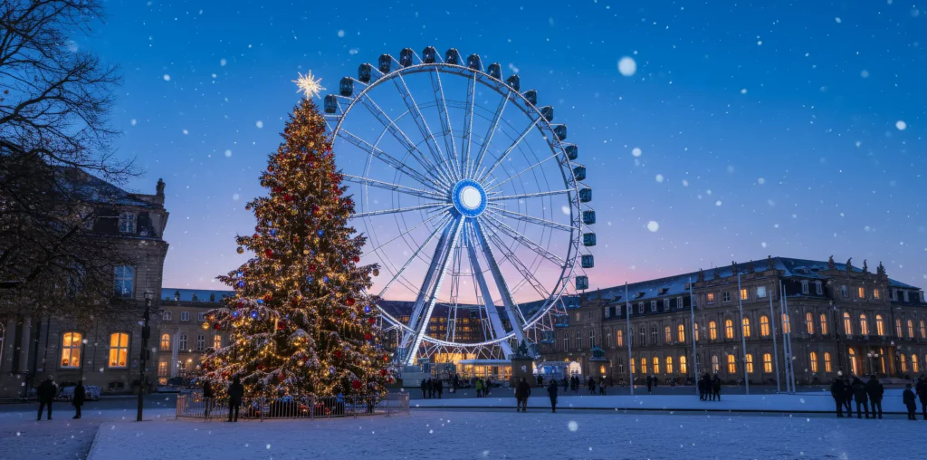 Neues Schloss in Stuttgart mit Riesenrad und Tannenbaum