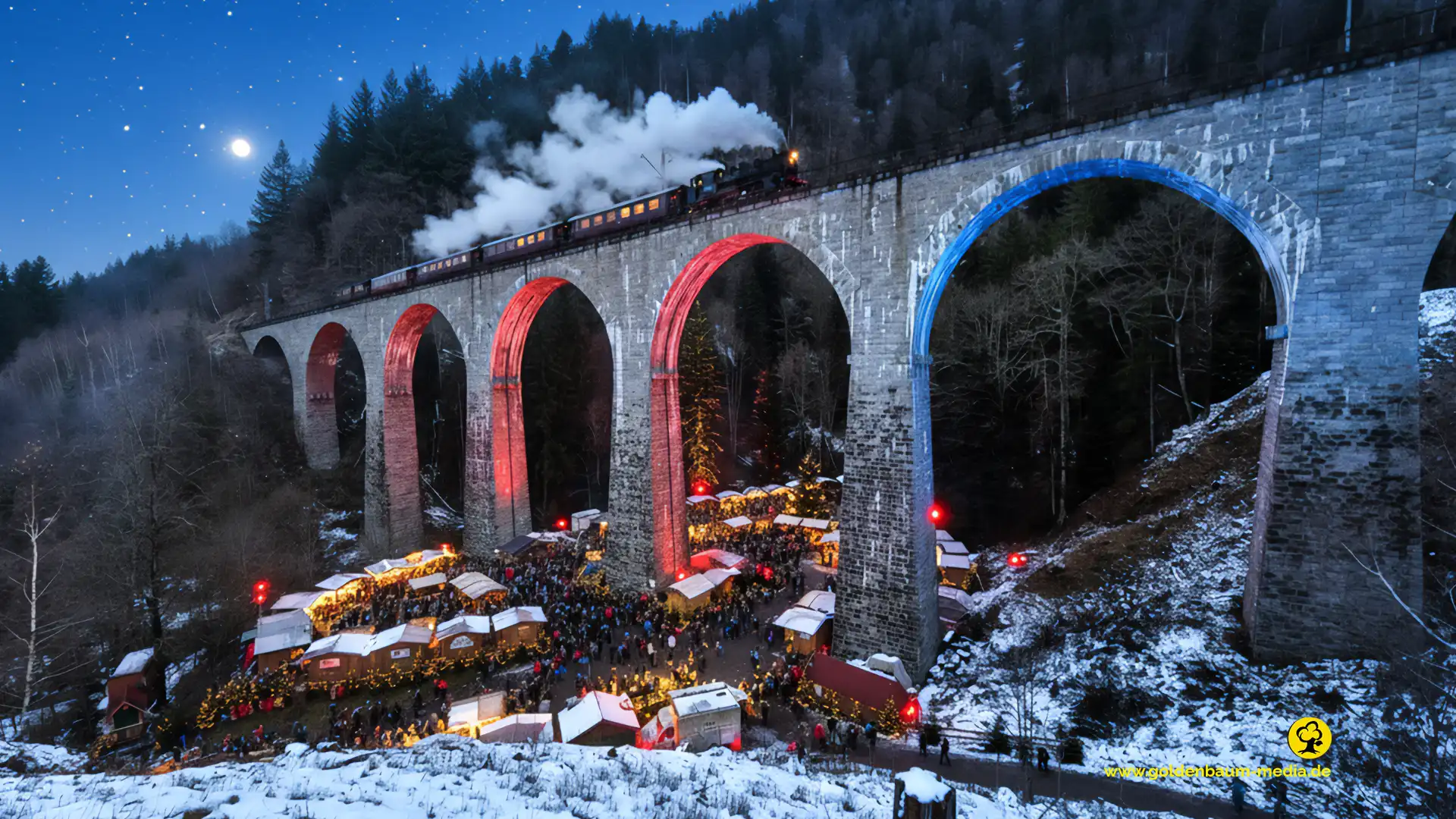 Ravennaschlucht Viadukt mit historsicher Dampefeisenbahn.