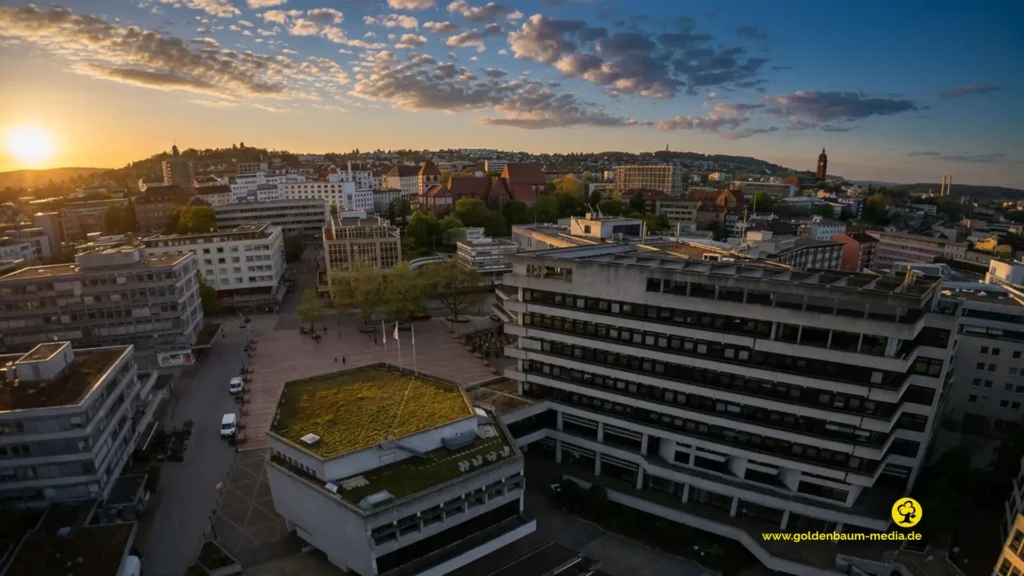 Marktplatz mit hineinragenden Gemeinderatsaal. Rechts bregrenz durch Rahtaus. Obere bildrand zeigt die Schlosskirche
