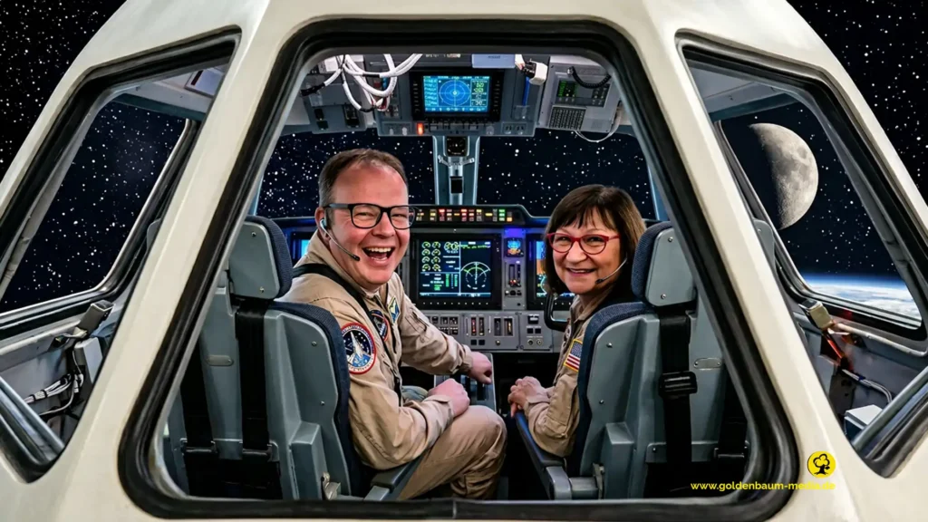 2 raumfahrer i einer Raumkaspel. eine Person lacht in die Kamera.