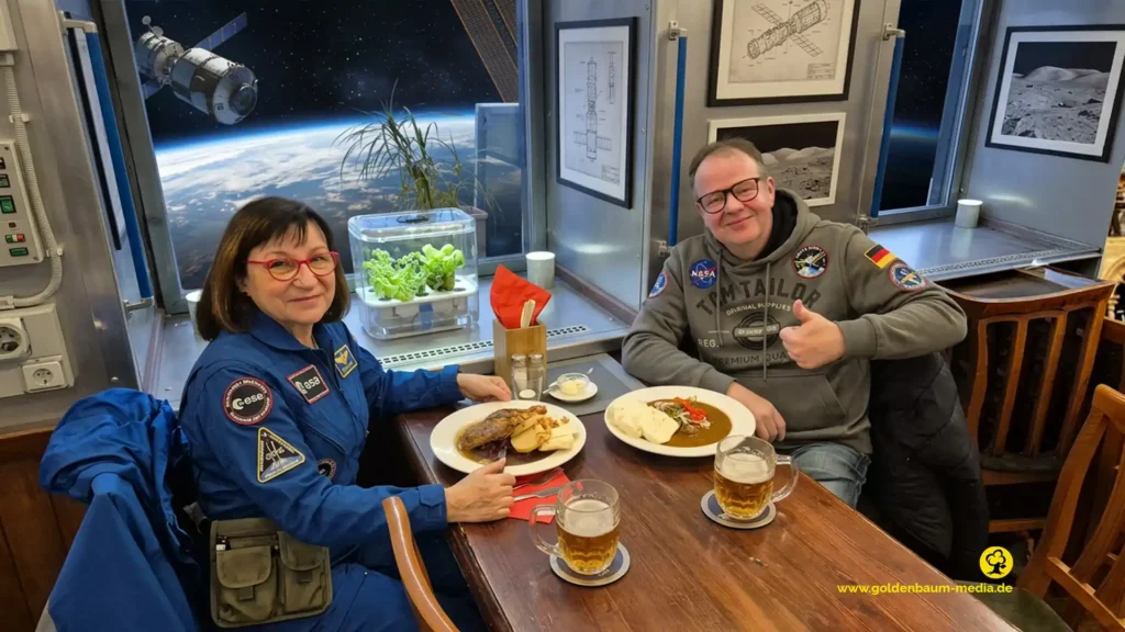 2 Personen in Astrolook sitzen in einer Kenipen. durch die Fesnteren hat man die Aussicht aus einer Raumstatione